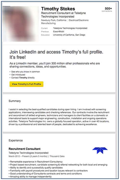 Figure 1. Example Leader LinkedIn profile created by TG-2889. (Source: Dell SecureWorks)